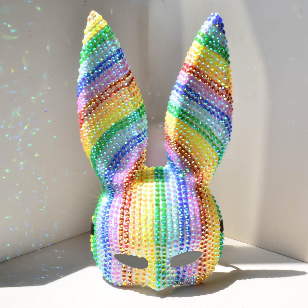 Rainbow bunny-ear eye mask with multicolor stripes