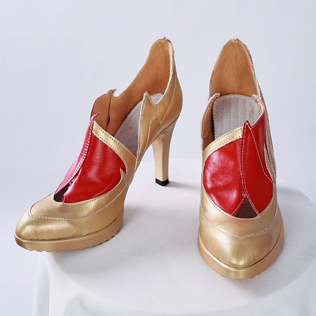 Pair of red and gold Phoenix in Flight heeled shoes