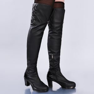 Pair of black heeled female Rover cosplay boots with quilted upper panels and side zipper