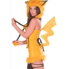 Close view of fluffy yellow hood, black-trimmed bodice and lightning tail