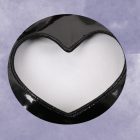 Heart-shaped mesh inset detail on shiny black bodysuit