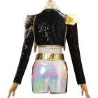 Back of Rumi cropped black jacket and iridescent shorts
