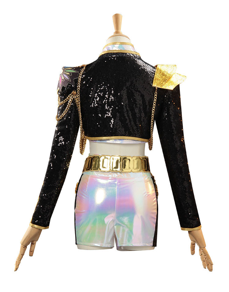 Back of Rumi cropped black jacket and iridescent shorts