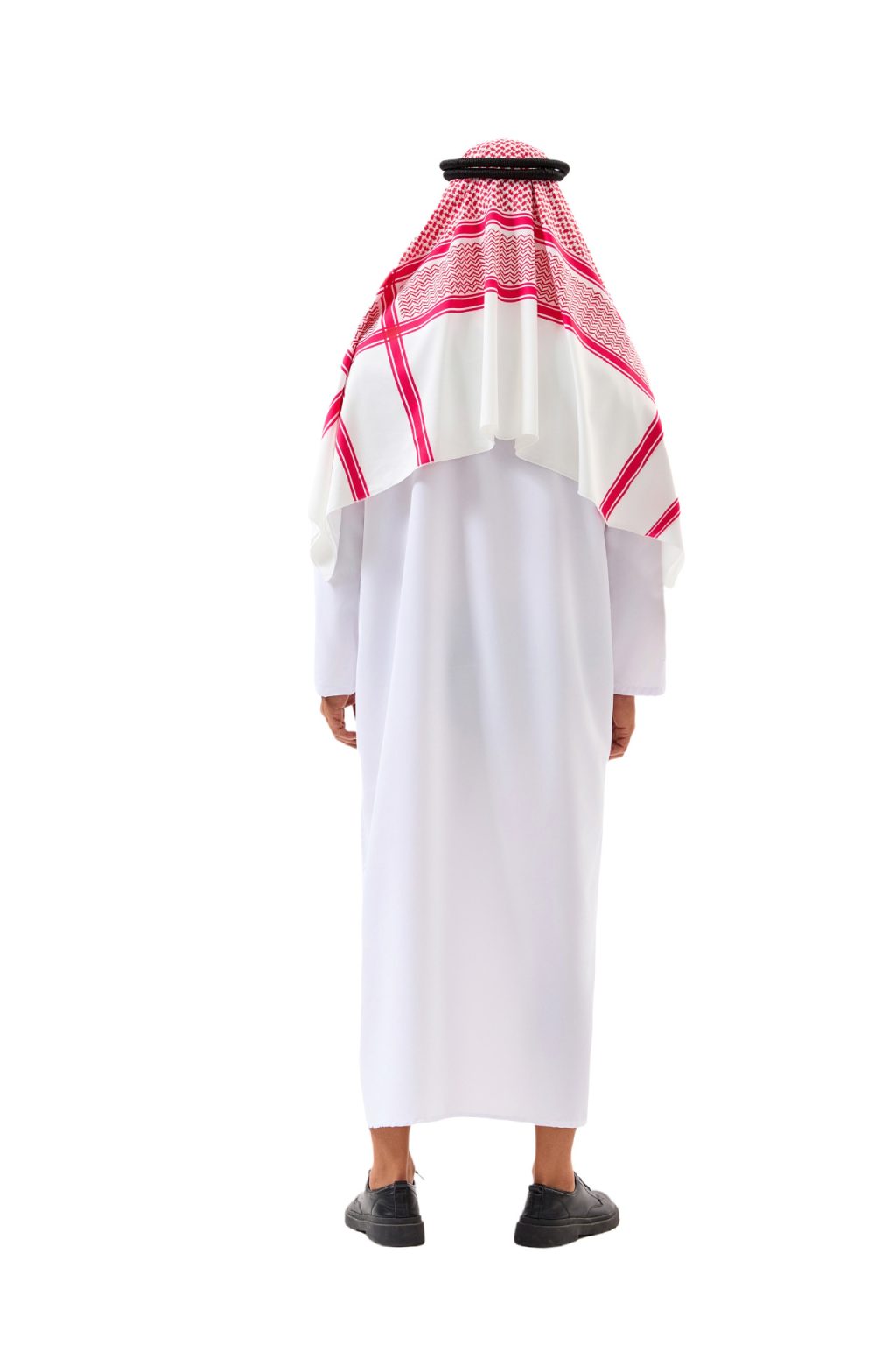 Rear view of the white long robe with the red-and-white patterned headscarf draped across the shoulders beneath a black head cord