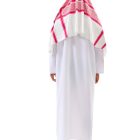 Rear view of the white long robe with the red-and-white patterned headscarf draped across the shoulders beneath a black head cord