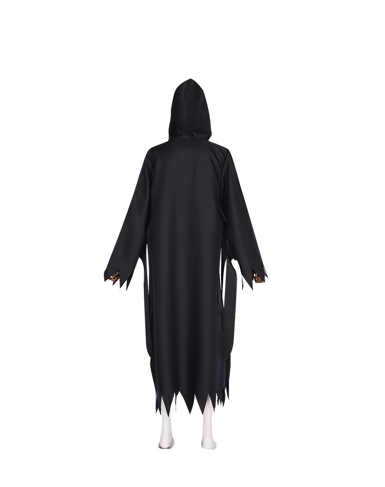 Back of black hooded Ghostface robe and pointed hem