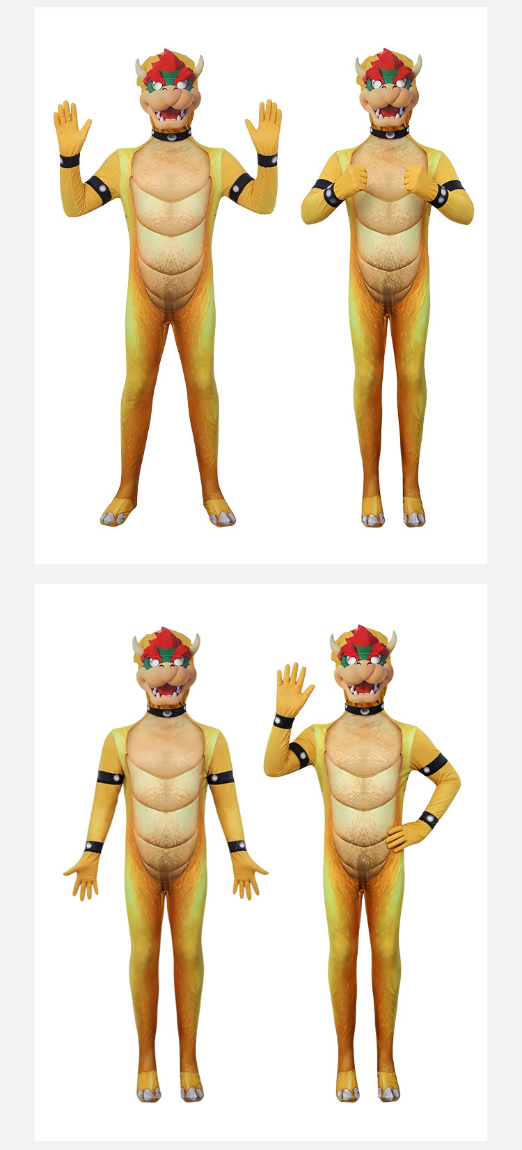 Bowser hooded printed costume shown in several poses