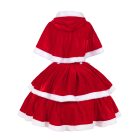 Back view of red tiered Christmas dress and hooded cape