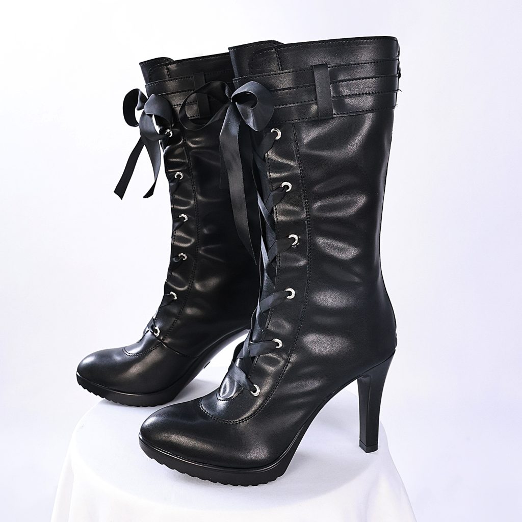 Black lace-up high-heel cosplay boot pair with ribbon ties