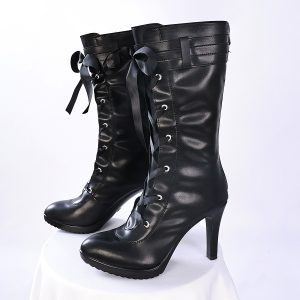 Black lace-up high-heel cosplay boot pair with ribbon ties