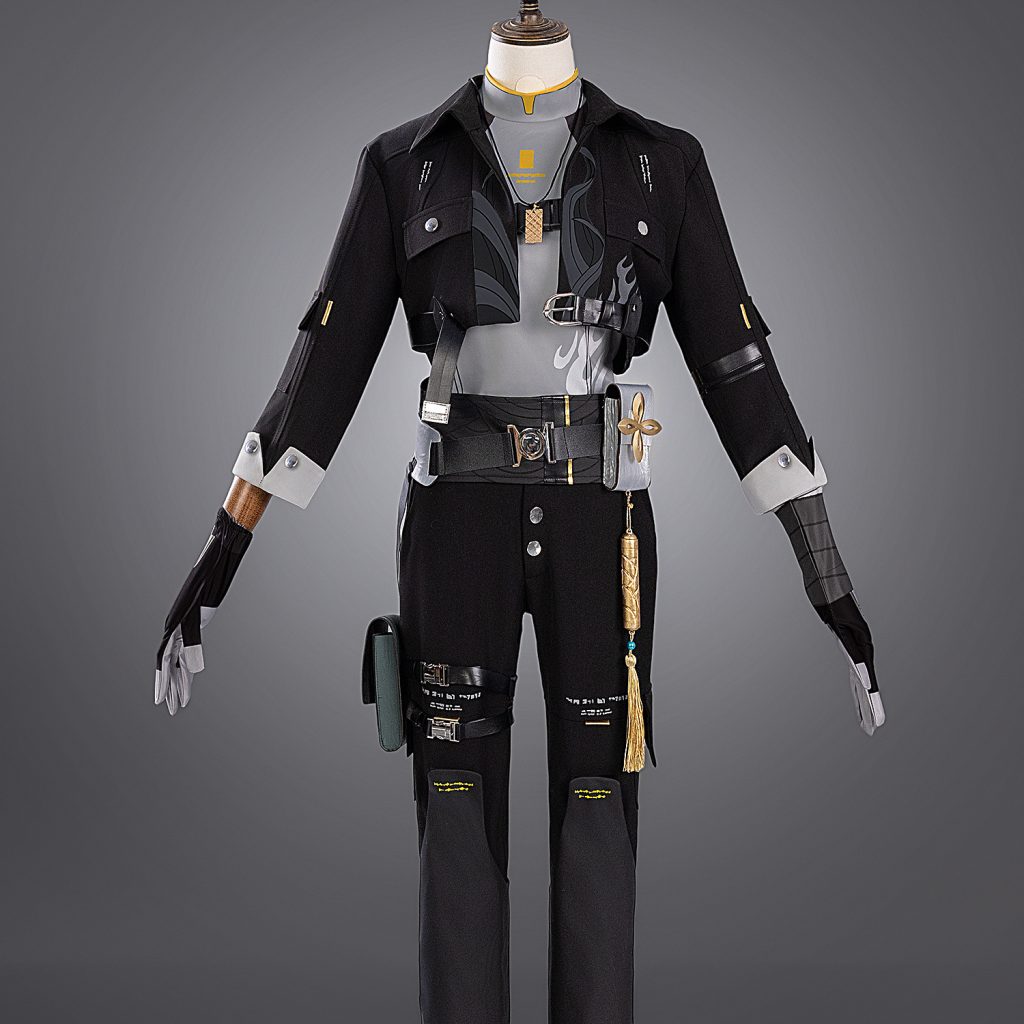 Male Rover costume front with dark cropped coat, gray underlayer and black trousers