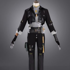 Male Rover costume front with dark cropped coat, gray underlayer and black trousers