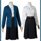 Yor Forger blue jacket and floral shirt outfit, jacket on and off, front views