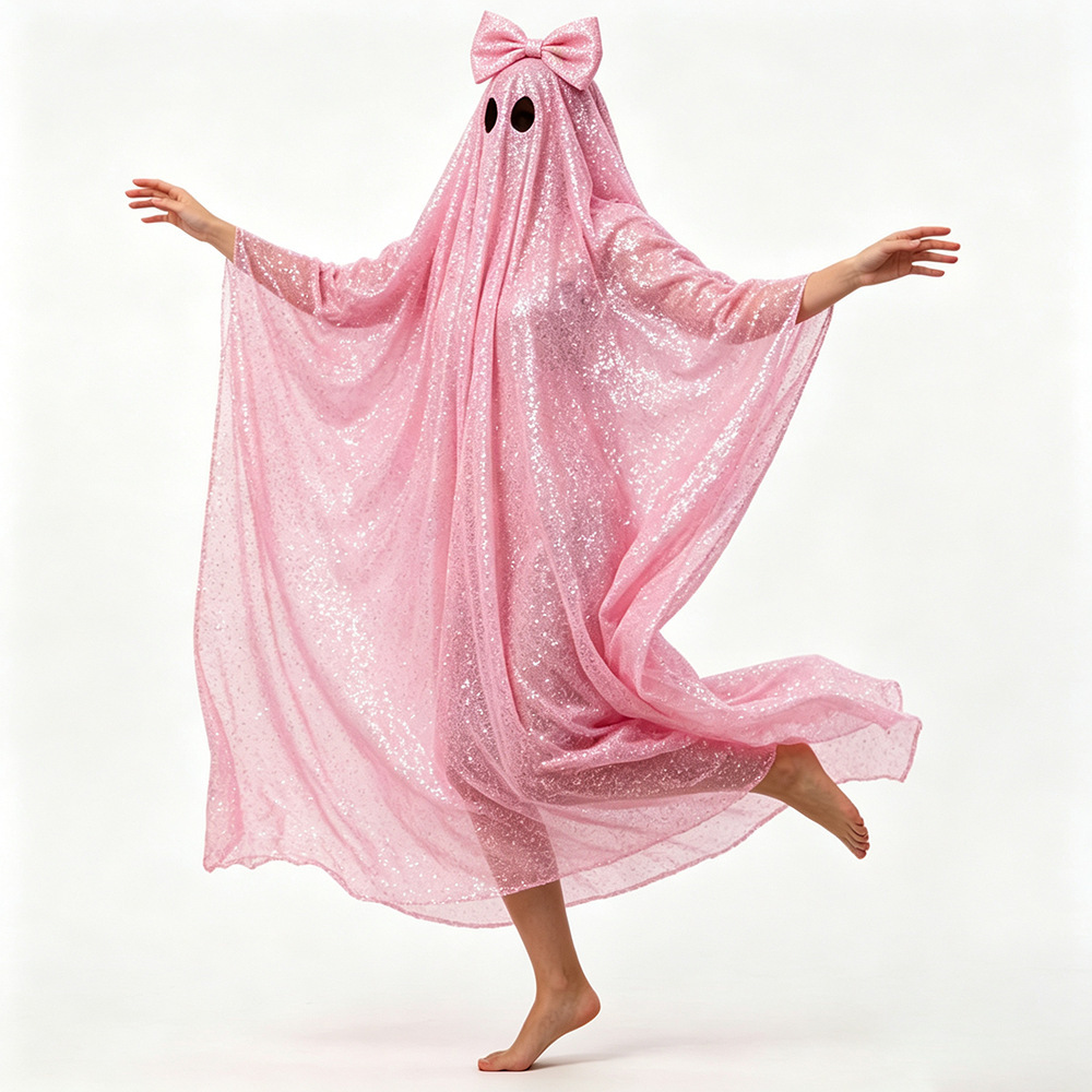 Pink ghost costume with bow and draped sides, front view