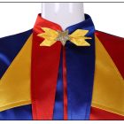 Yellow bow and star detail at the red and blue jester collar