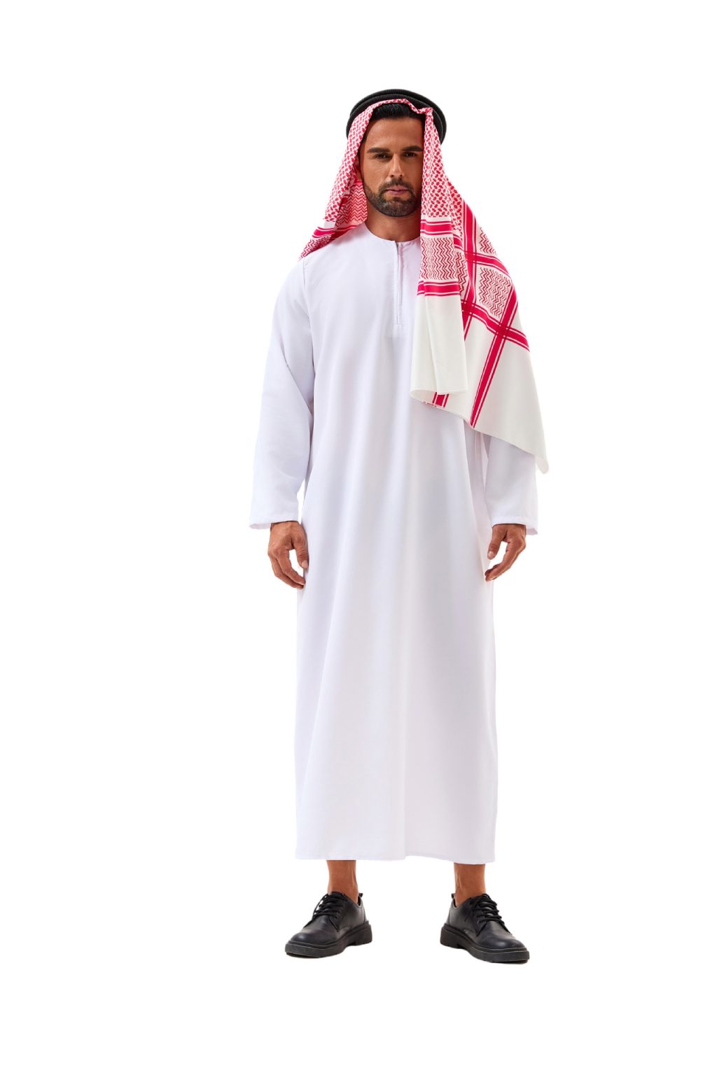 Front view of a model wearing a white long-sleeved robe with a red-and-white patterned headscarf and black head cord