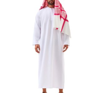 Front view of a model wearing a white long-sleeved robe with a red-and-white patterned headscarf and black head cord