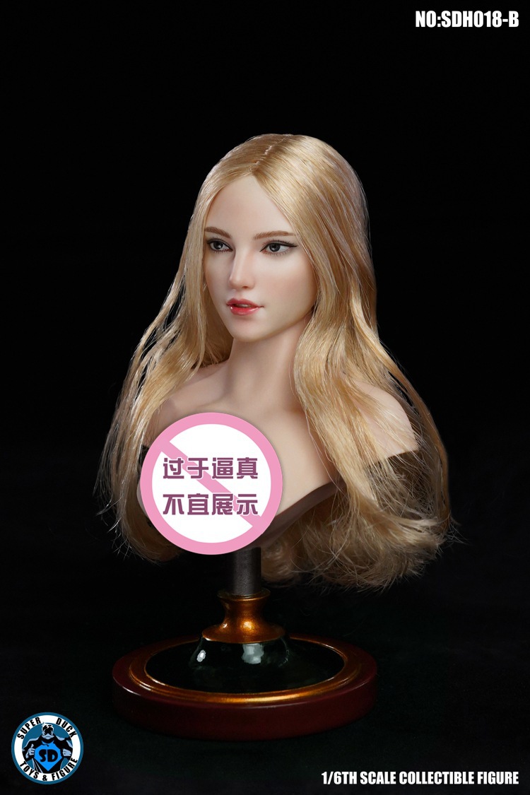 SUPER DUCK SDH018-B long golden-blonde head sculpt on photo display bust; bust not included, seller badge over bust
