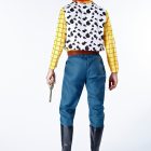Back of Woody cow-print vest and blue trousers