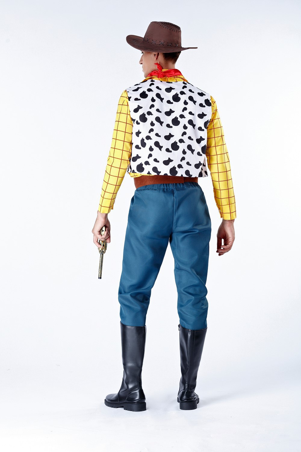 Back of Woody cow-print vest and blue trousers