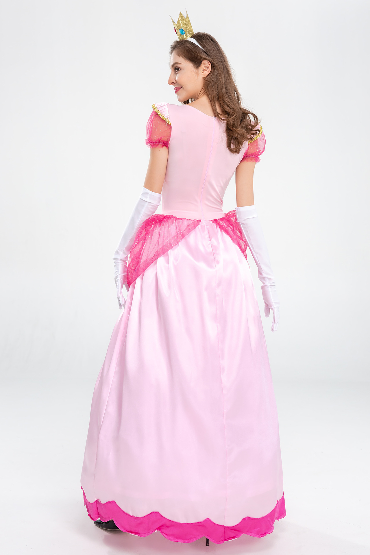 Pink Princess Peach dress rear zipper and gathered hip overlays