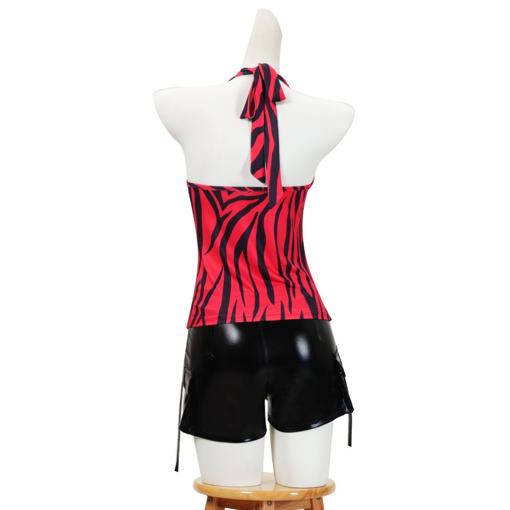 Tied halter neck and back of the red striped top and black shorts