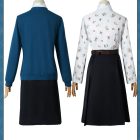 Back views of Yor Forger inspired blue jacket floral shirt and dark skirt