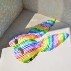 Rainbow bunny mask from the side showing long ears