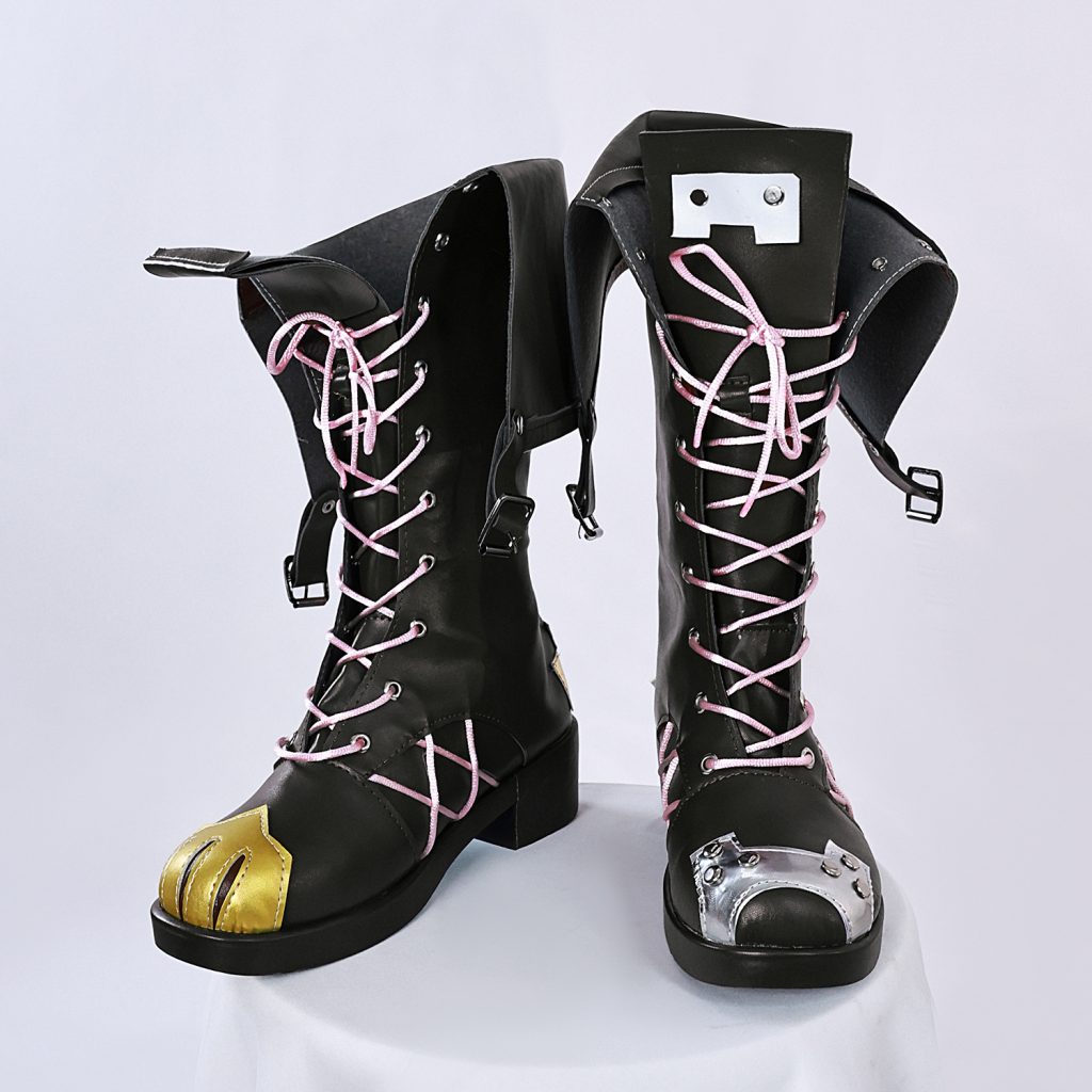 Pair of black lace-up Jinx cosplay boots with pink laces and contrast toe caps