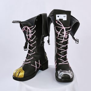 Pair of black lace-up Jinx cosplay boots with pink laces and contrast toe caps