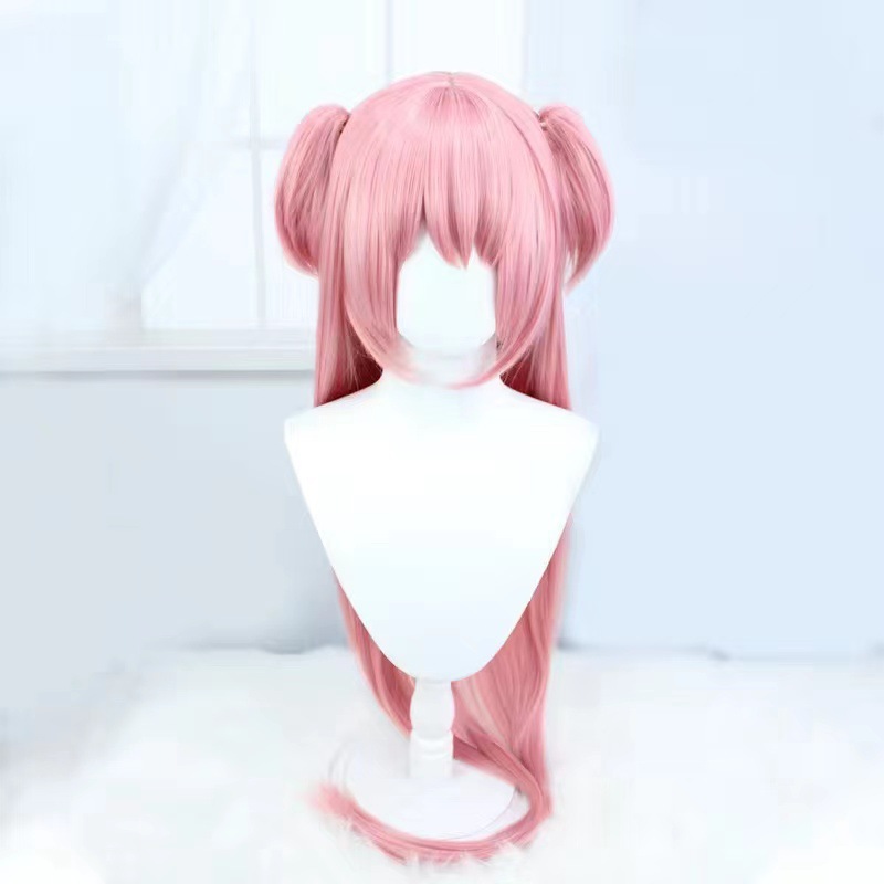 Long pink Madoka cosplay wig with twin tails