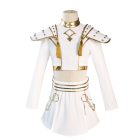 Adult Zoey white-and-gold costume with diamond-motif top, tasselled shoulder epaulets and short skirt on a mannequin