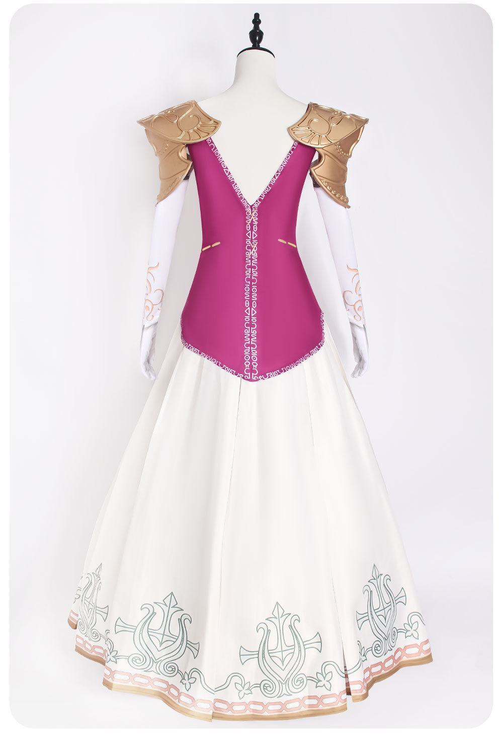 Back view of magenta Zelda dress and gold shoulder pieces