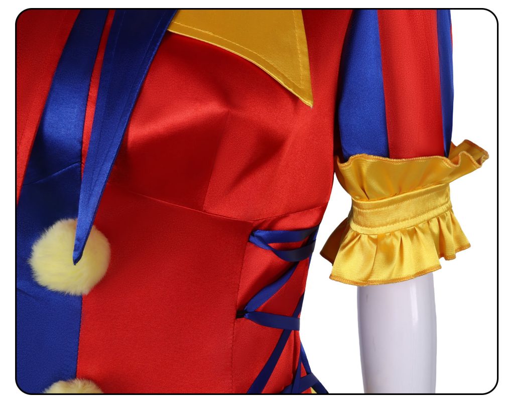 Side ribbon lacing and yellow ruffled cuff on the jester suit