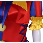 Side ribbon lacing and yellow ruffled cuff on the jester suit