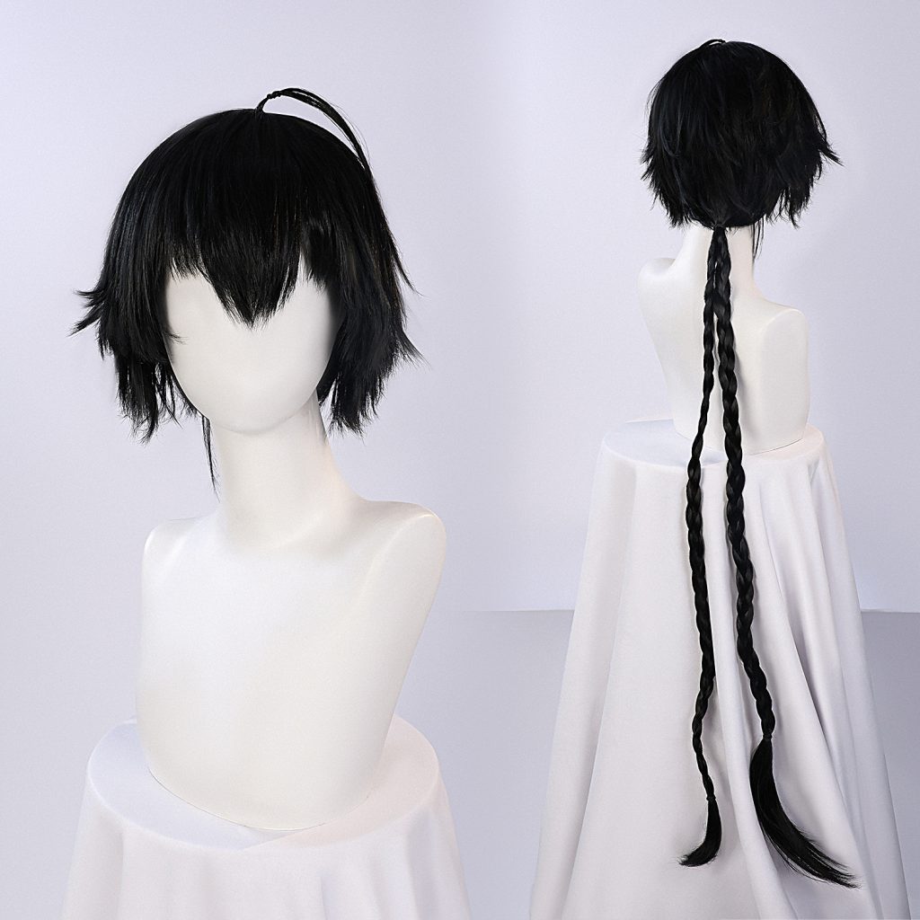 Male Rover black cosplay wig shown front and back with two long rear braids