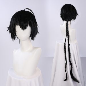 Male Rover black cosplay wig shown front and back with two long rear braids