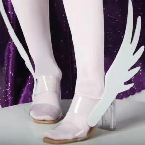Pale pink Madoka cosplay shoes worn detail
