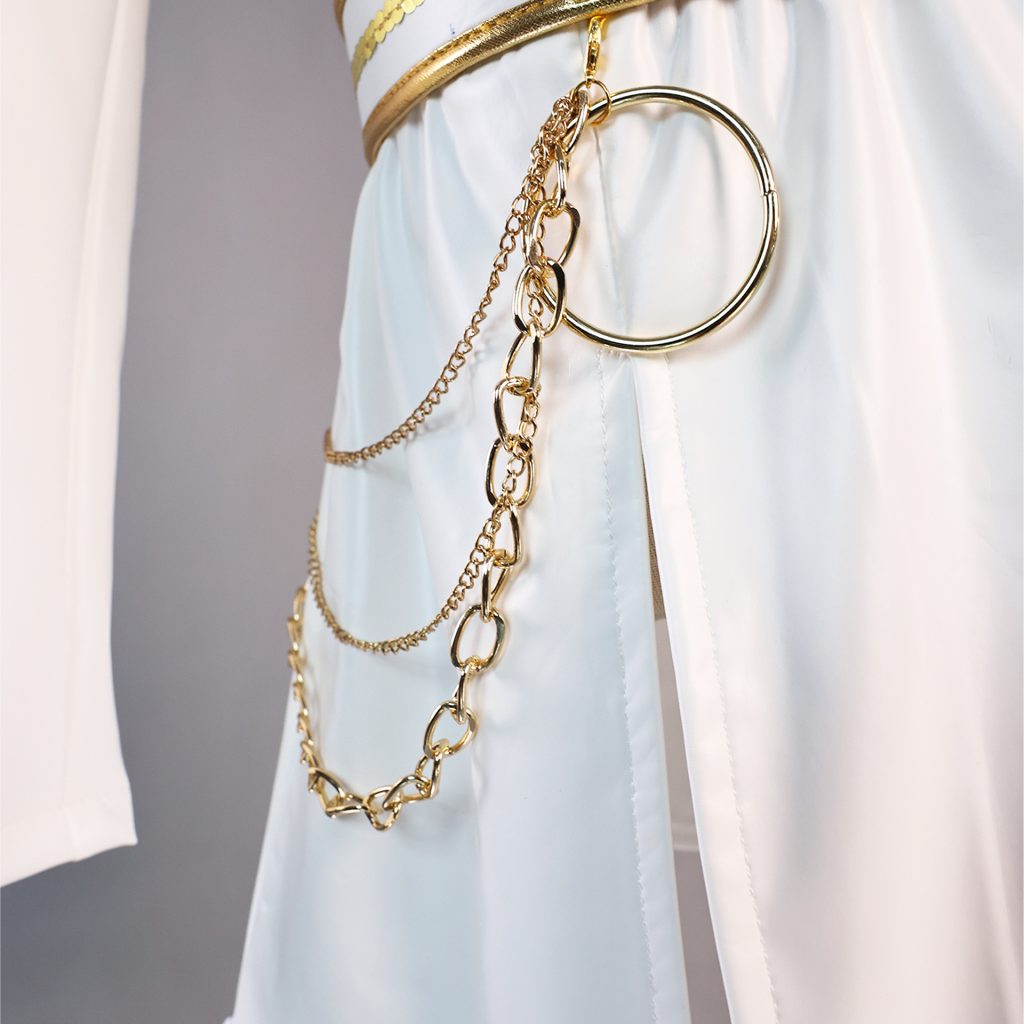 Zoey skirt waist detail with gold-tone ring, draped chains and sequin-trimmed belt