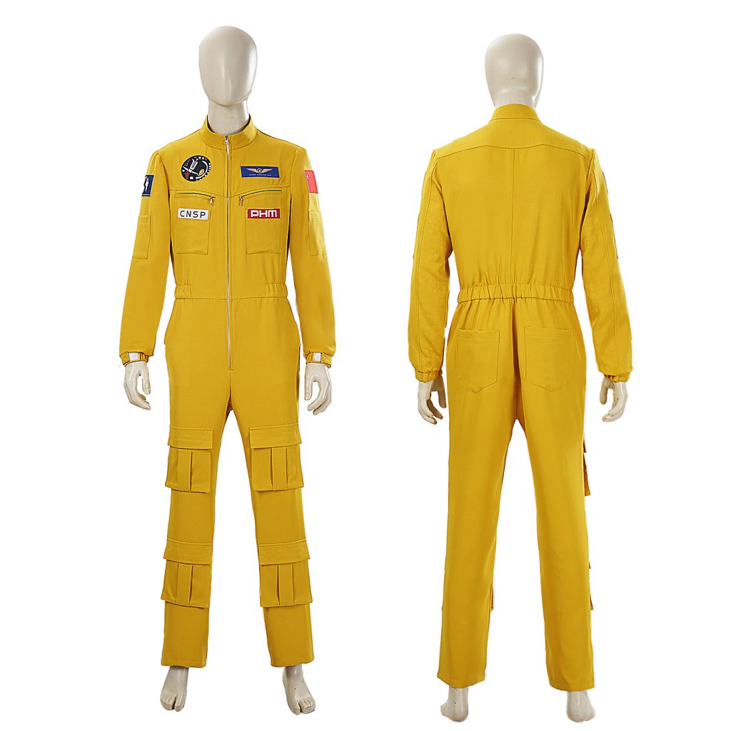 Front and back of yellow mission jumpsuit with gathered waist