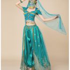 Aqua Blue Jasmine-inspired top and billowing pants with gold trim and veil
