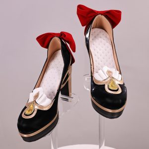 Sandrone black platform shoes with red back bows and gold ornaments