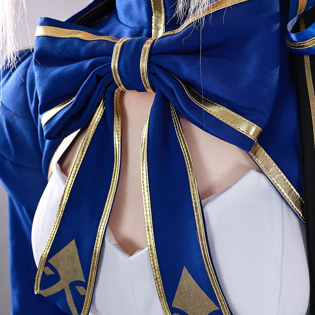 Gold-edged blue collar bow on white costume front
