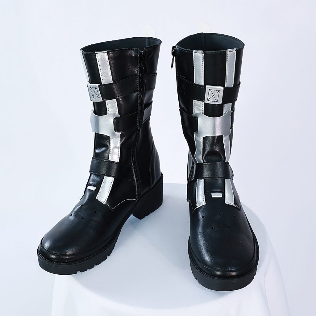 Pair of black male Rover cosplay boots with pale front trim and strap details