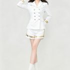 White double-breasted jacket and gold-trimmed shorts without cap