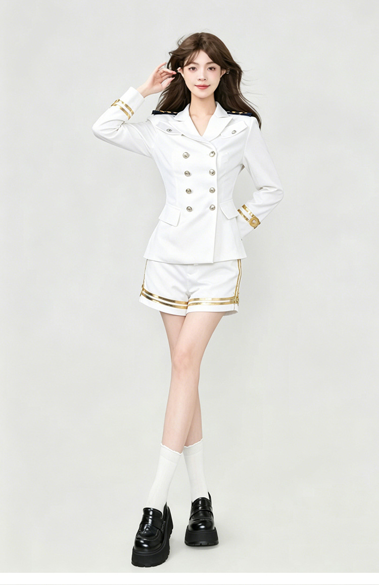 White double-breasted jacket and gold-trimmed shorts without cap