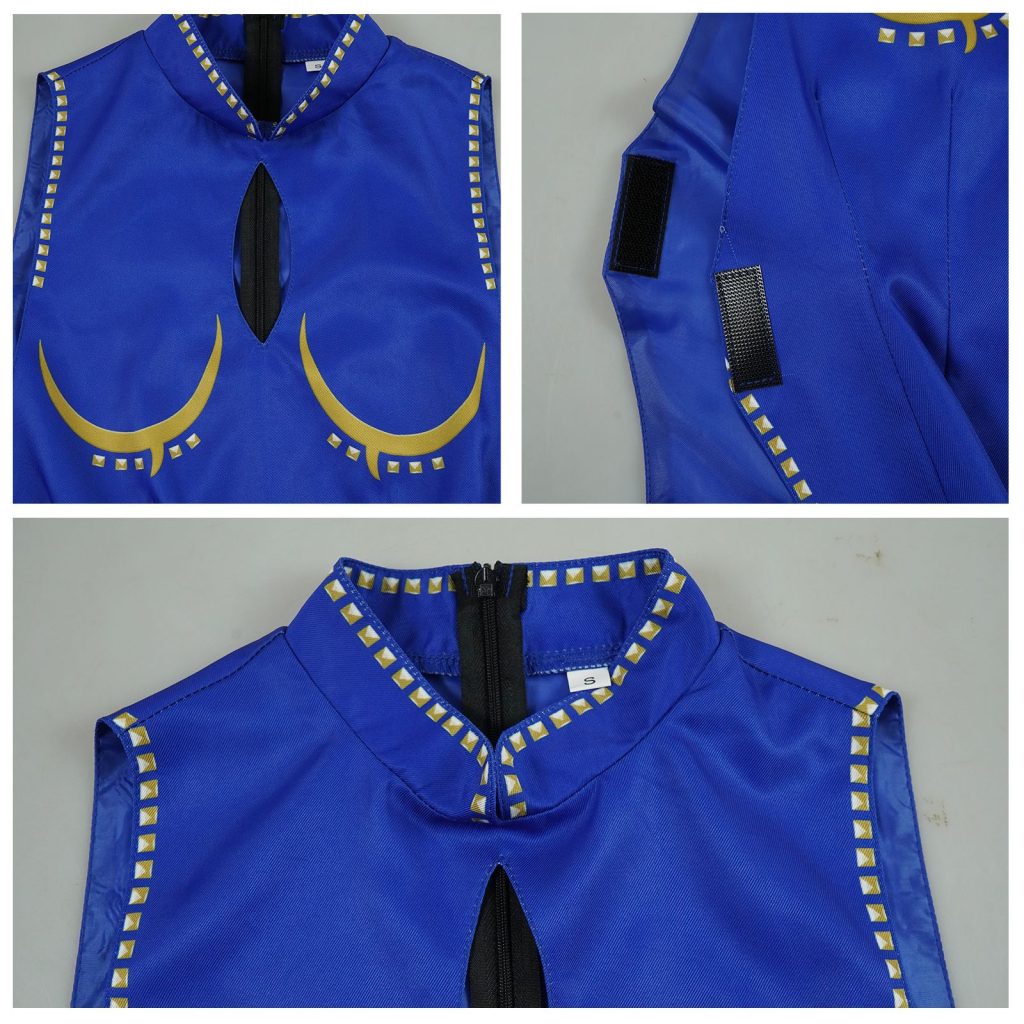 Chun-Li costume neckline and hook-and-loop cape fastening details