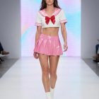 Pink and white sailor crop top with bow and pleated pink skirt worn together