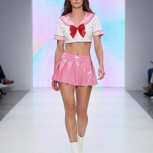 Pink and white sailor crop top with bow and pleated pink skirt worn together