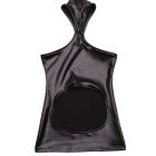 Back of black high-neck mini dress with oval opening and rear zipper